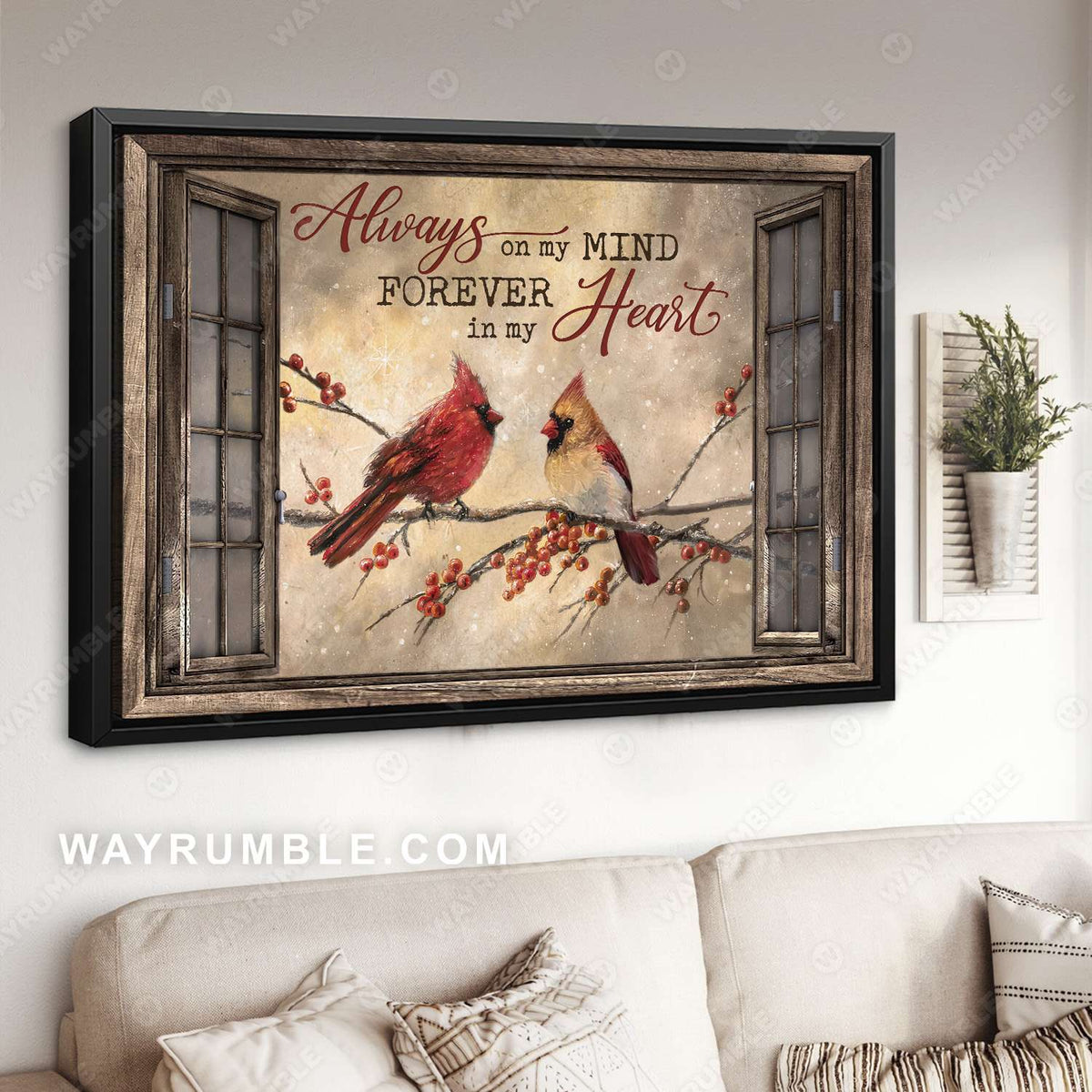 Winter painting, Cardinal couple, Cranberry tree, Always on my mind Forever in my heart - Heaven Landscape Canvas Prints, Wall Art