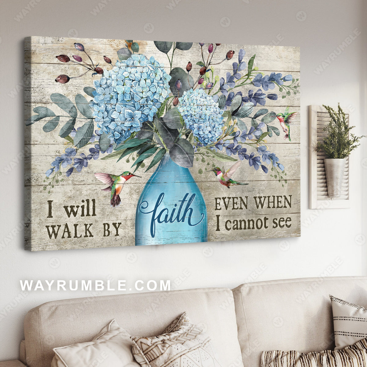 Blue hydrangea, Flower vase, Hummingbird, I will walk by faith - Jesus Landscape Canvas Prints, Christian Wall Art