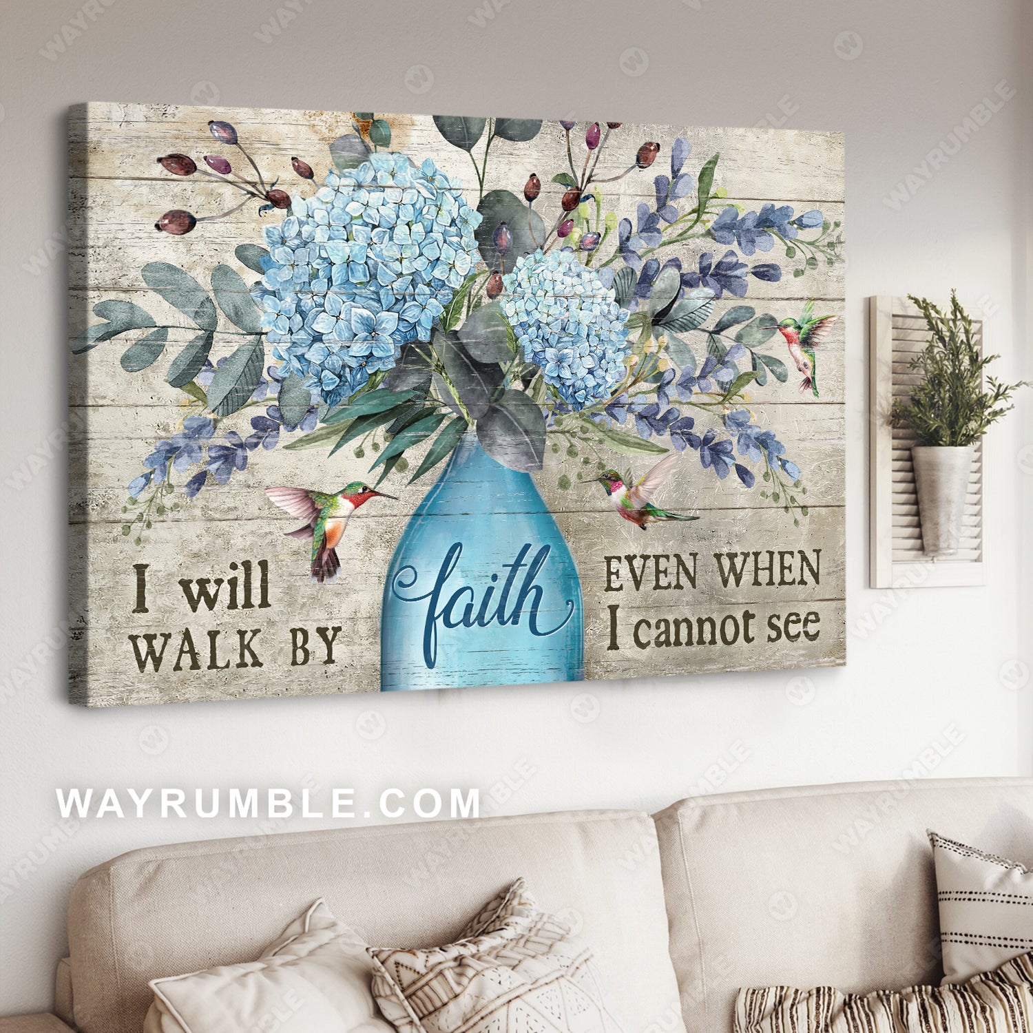Blue hydrangea, Flower vase, Hummingbird, I will walk by faith - Jesus Landscape Canvas Prints, Christian Wall Art