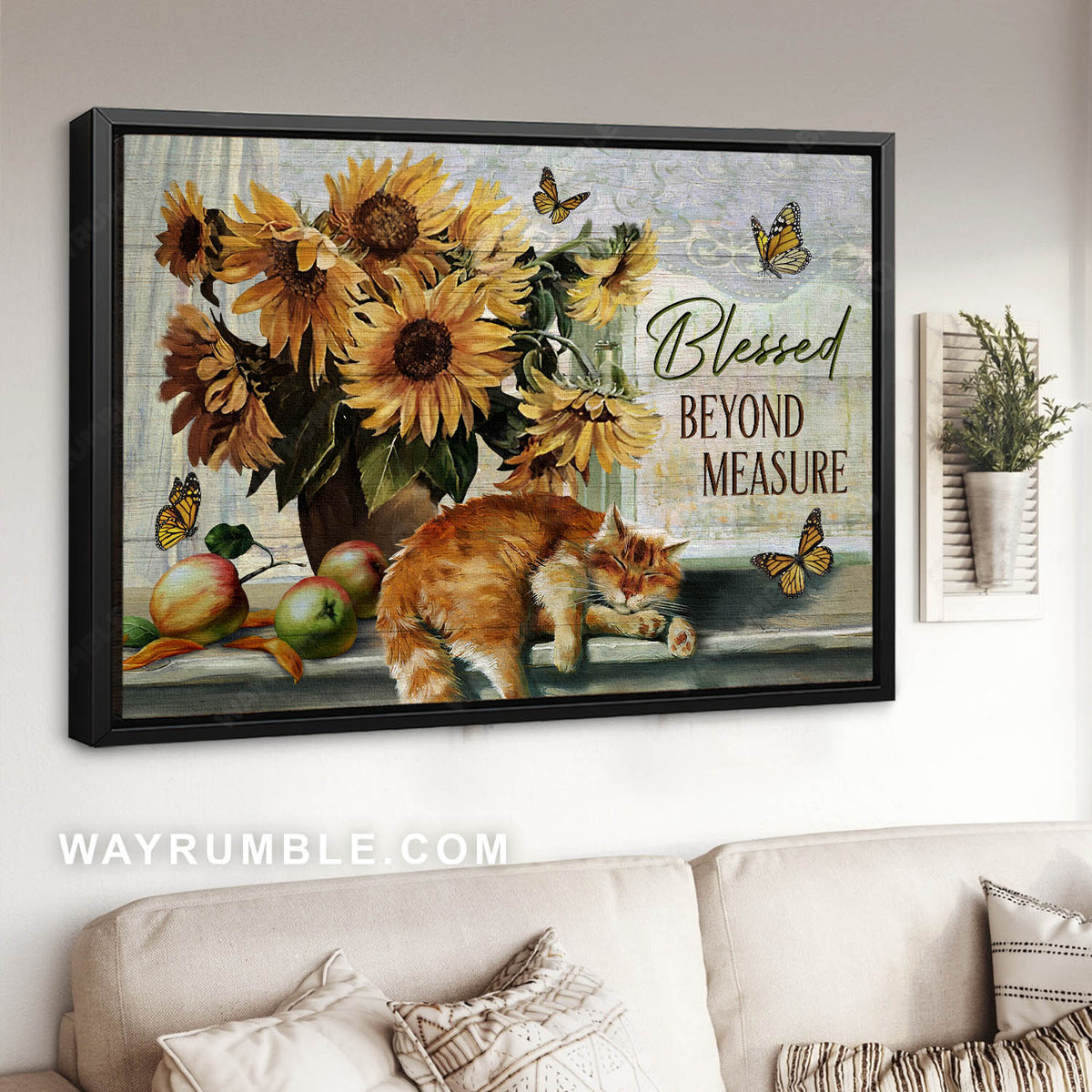 Tabby cat, Monarch butterfly, Sunflower vase, Blessed beyond measure - Jesus Landscape Canvas Prints, Christian Wall Art