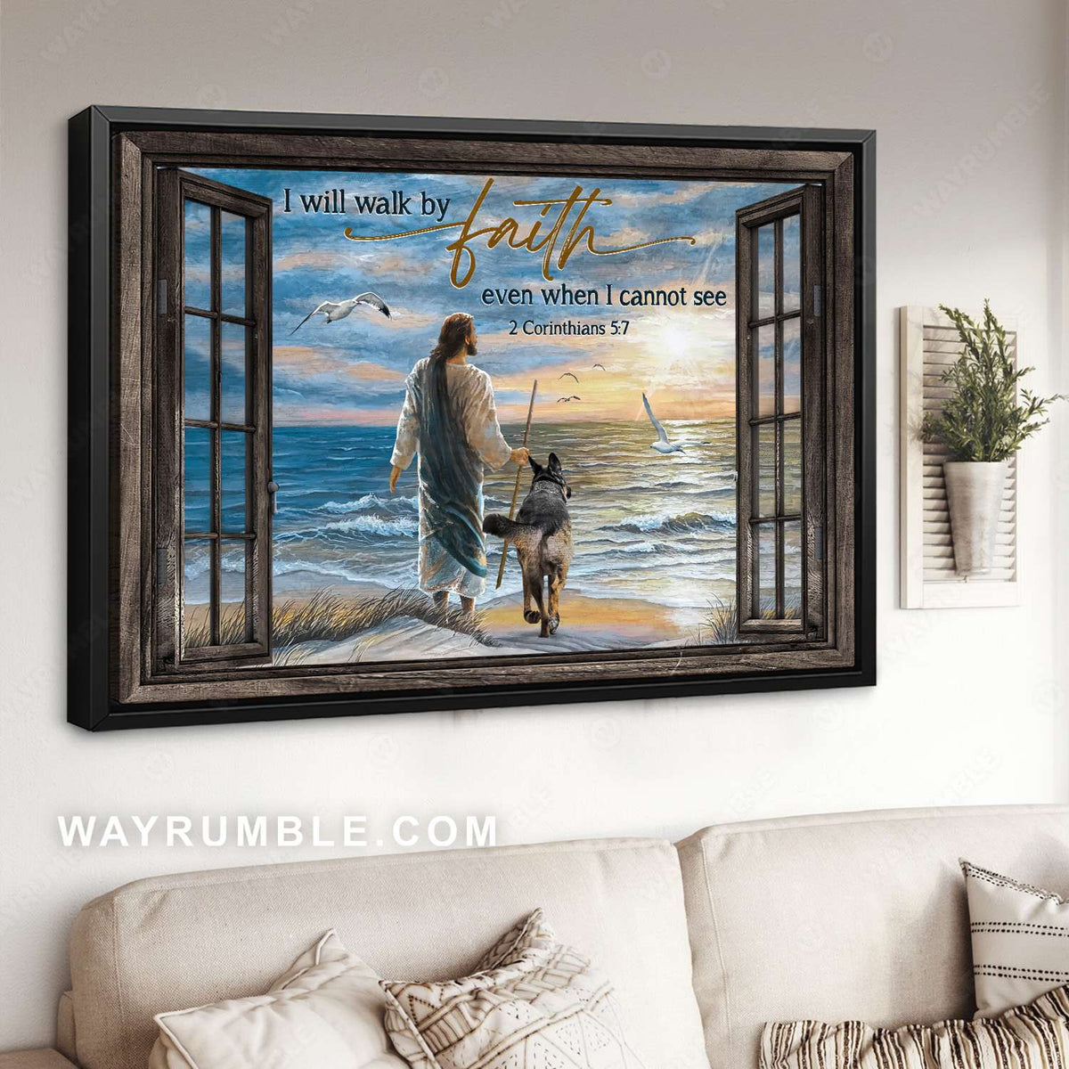 Jesus walking, German shepherd, Sunrise ocean, I will walk by my faith - Jesus Landscape Canvas Prints, Christian Wall Art