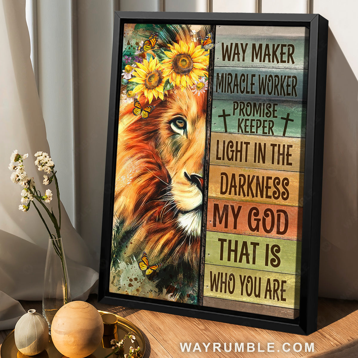 Lion of Judah, Sunflower wreath, Monarch butterfly, Way maker - Jesus Portrait Canvas Prints, Christian Wall Art
