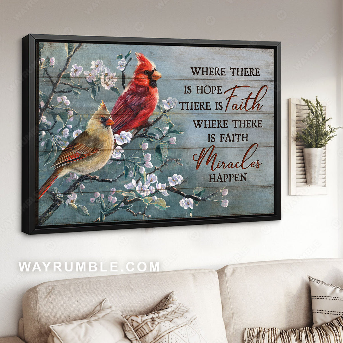 Northern cardinal, Tree branch, Where there is hope, There is faith - Jesus Landscape Canvas Prints, Christian Wall Art