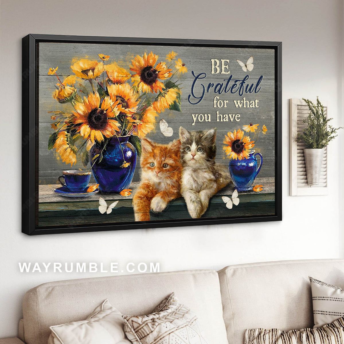 Sunflower painting, Cute kitty, Sapphire blue, Be grateful for what you have - Jesus Landscape Canvas Prints, Christian Wall Art