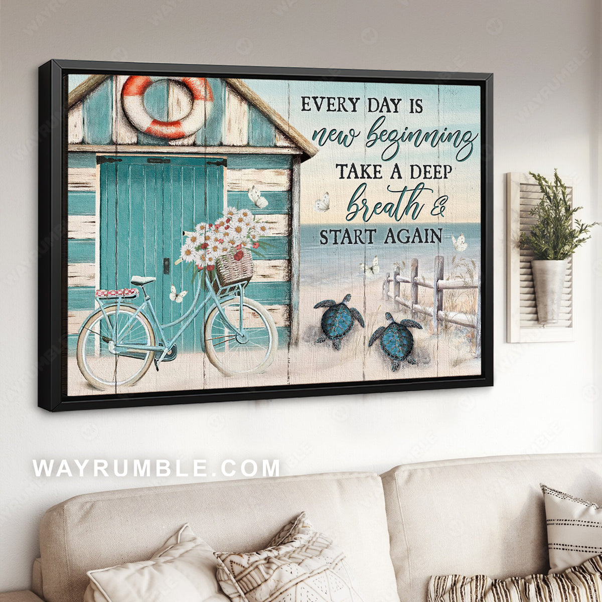 Cruiser bike, Ocean turtle, Beach house, Every day is new beginning - Jesus Landscape Canvas Prints, Christian Wall Art