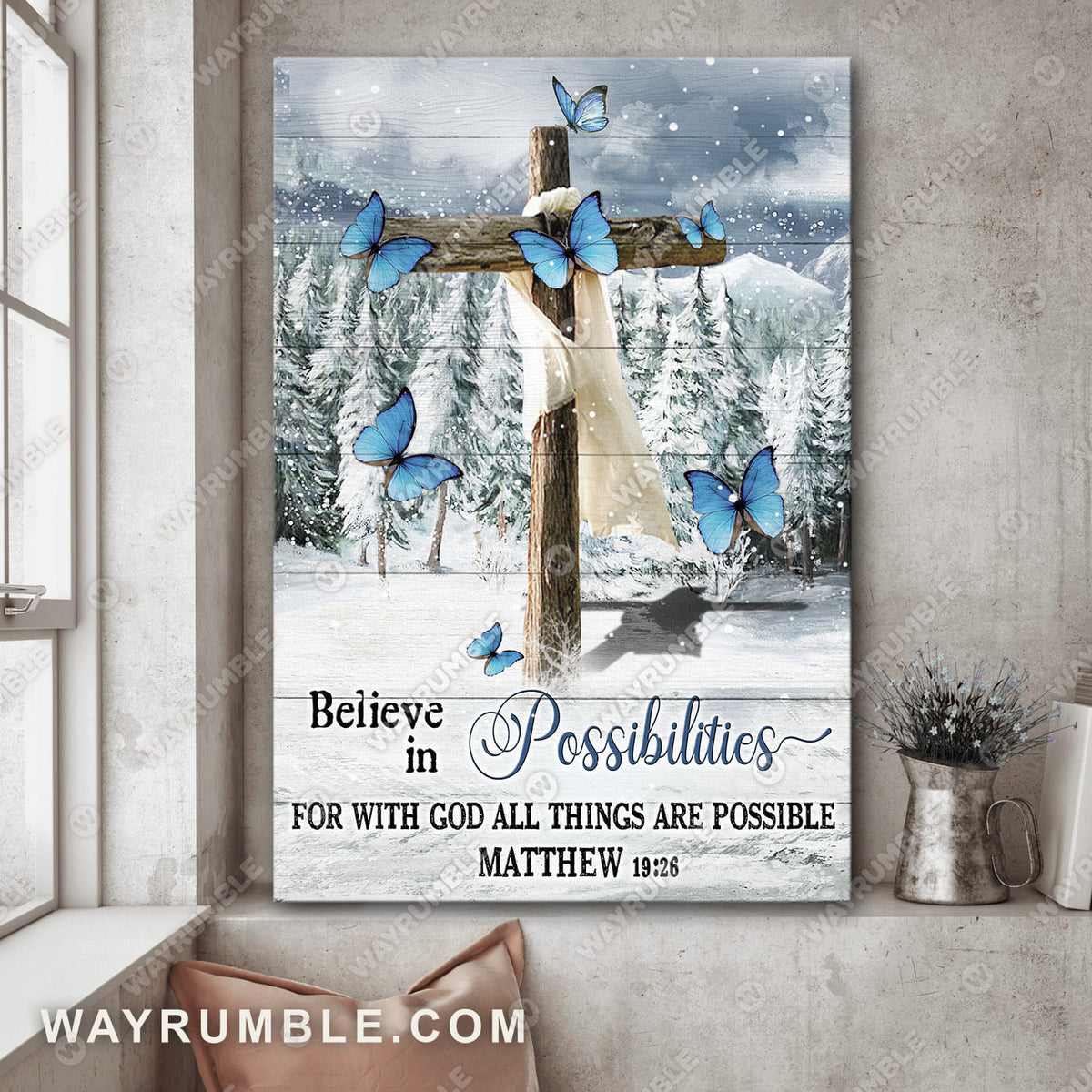 Winter forest painting, The wooden cross, With God all things are possible - Jesus Portrait Canvas Prints, Wall Art