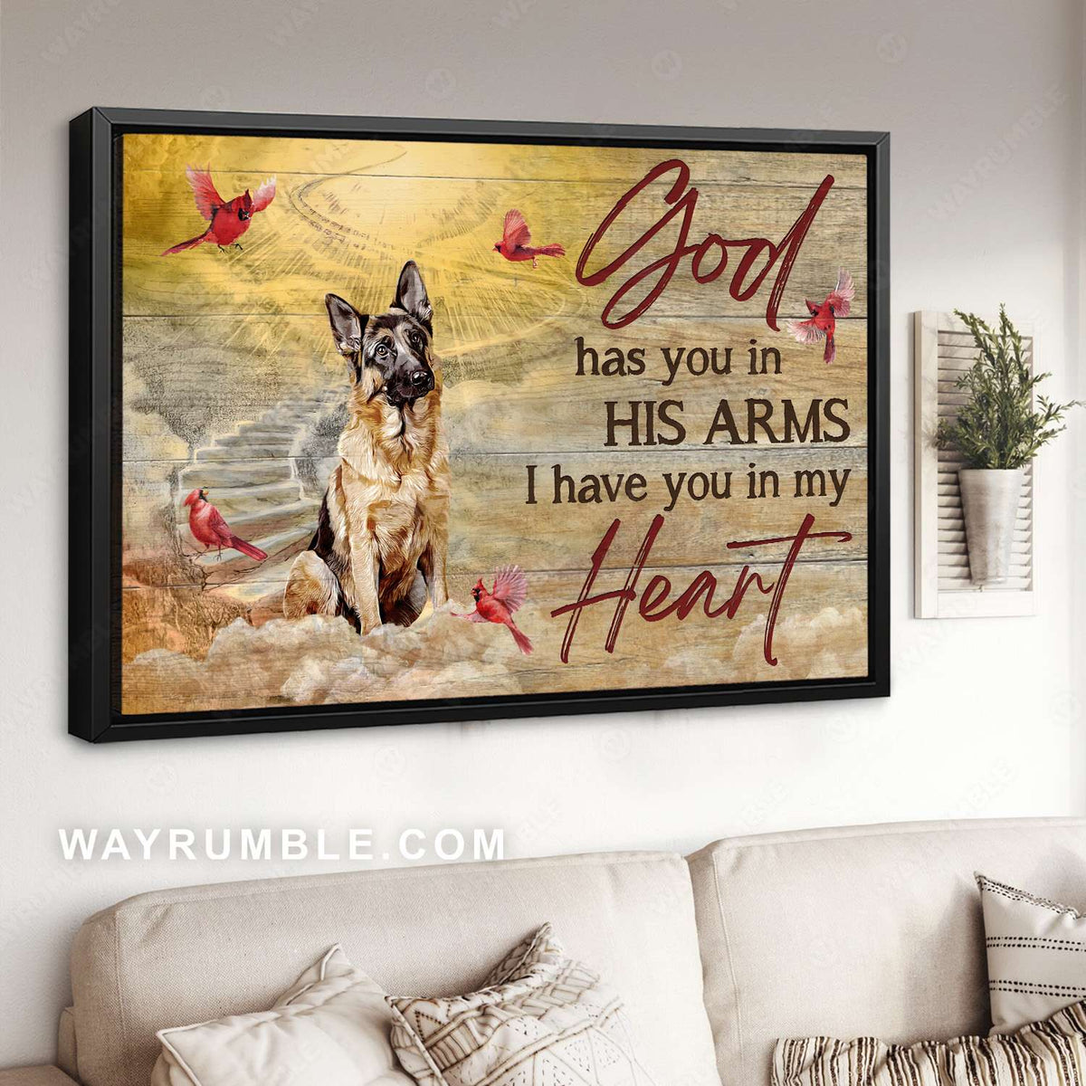 German shepherd drawing, Red cardinals, Heaven sky, God has you in his arms - Jesus Landscape Canvas Prints, Christian Wall Art