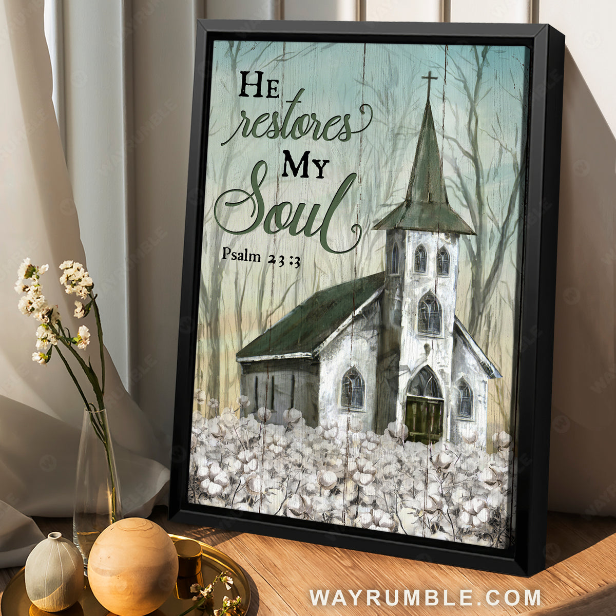 White church, Cotton flowers, Bare trees, He restores my soul - Jesus Portrait Canvas Prints, Christian Wall Art