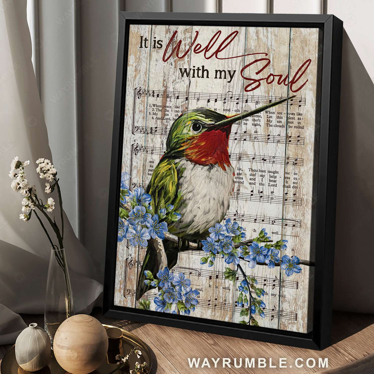 Green hummingbird, Blue flax, Music sheet, It is well with my soul - Jesus Portrait Canvas Prints, Christian Wall Art