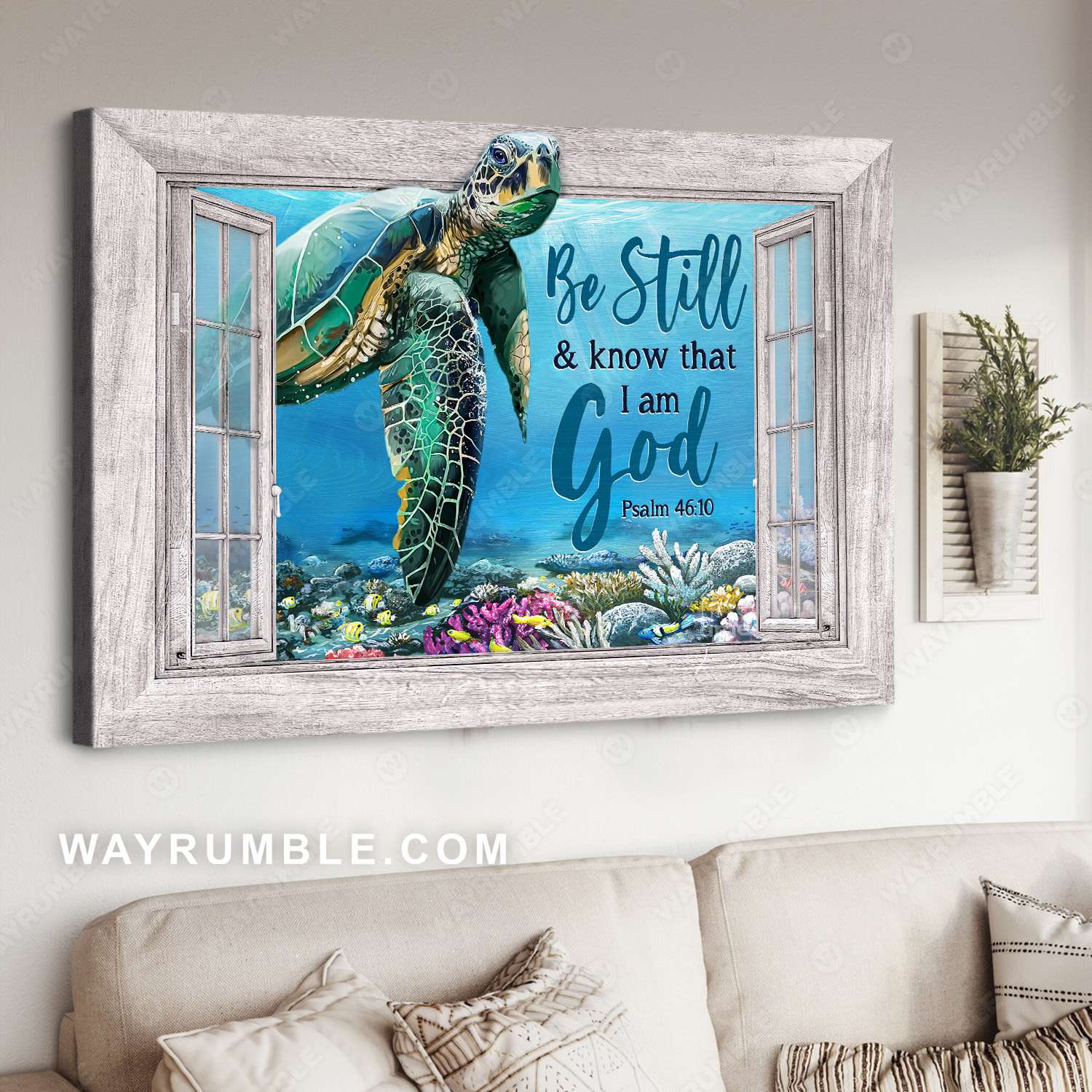 Green turtle, Coral reef, Window frame, Be still and know that I am God - Jesus Landscape Canvas Prints, Christian Wall Art