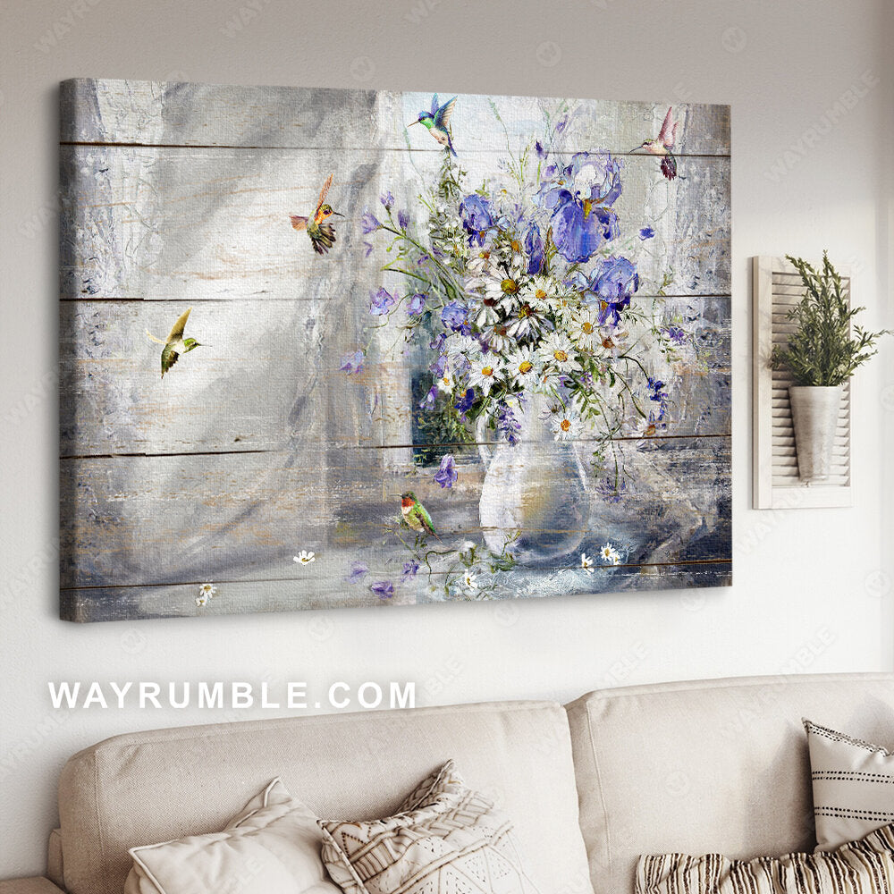 Hummingbird, Daisy flower, Still life painting - Jesus Landscape Canvas Prints, Christian Wall Art