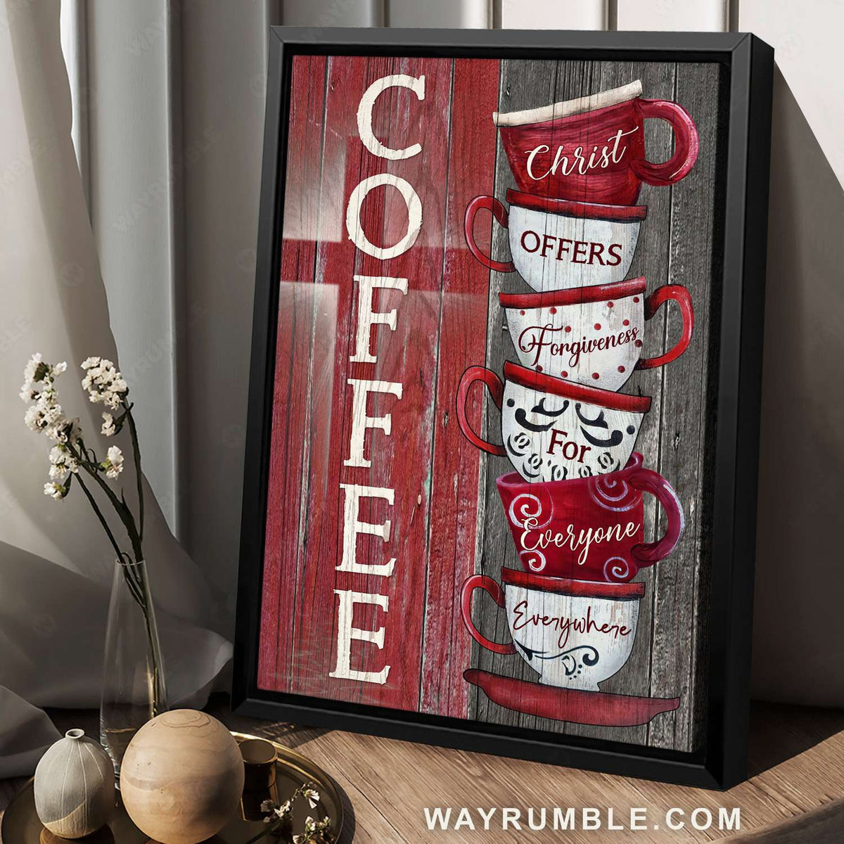 Coffee cups, Stacked cups, Red and white, Christ offers forgiveness - Jesus Portrait Canvas Prints, Christian Wall Art