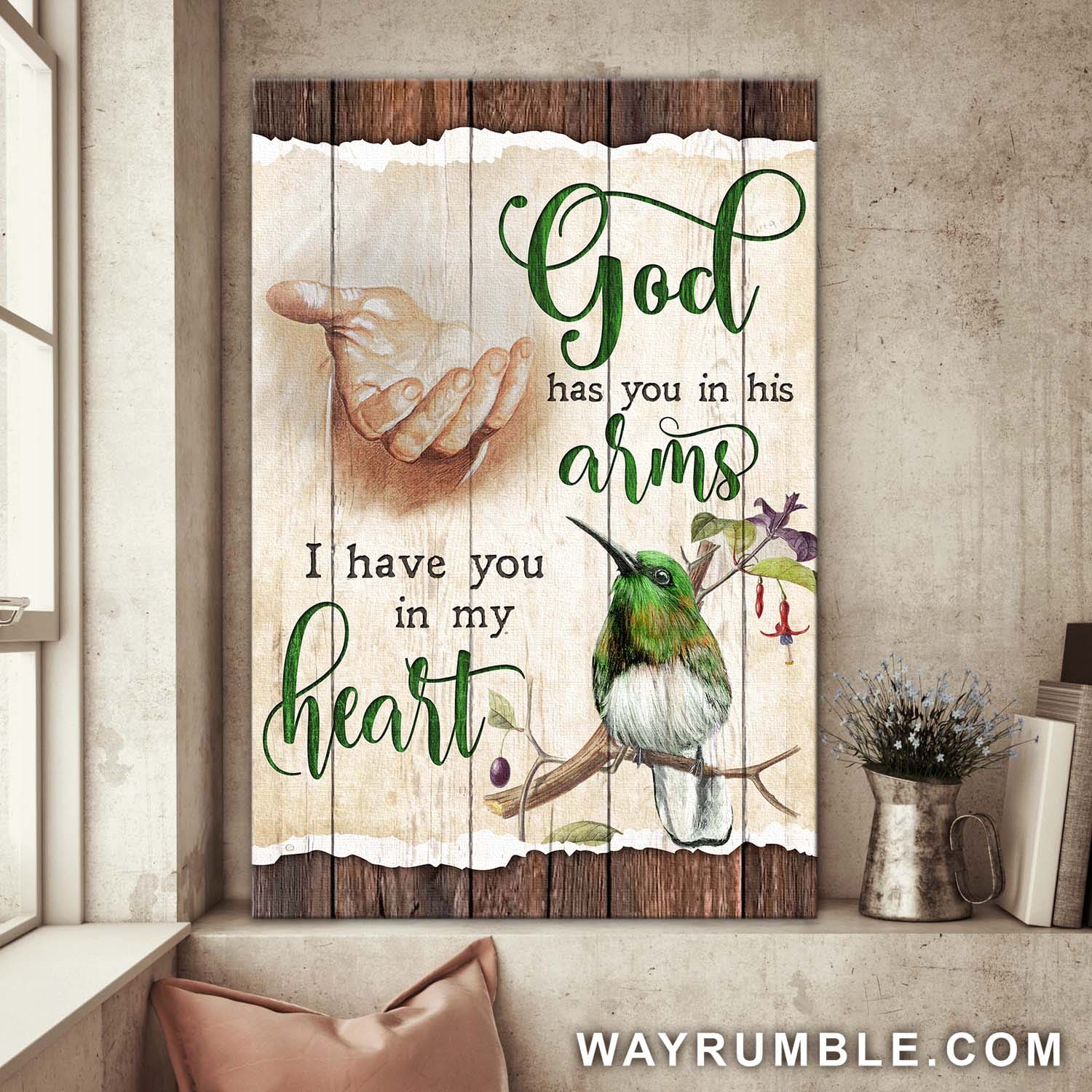 Jesus hand, Bee Hummingbird, God has you in his arms I have you in my heart - Jesus Portrait Canvas Prints, Wall Art