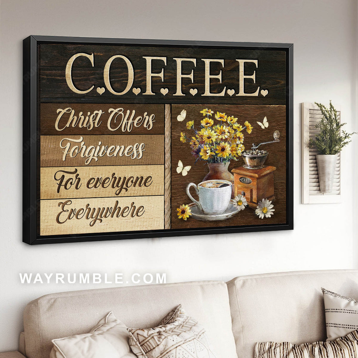 Coffee cup, Manual coffee grinder, Yellow daisy, Coffee - Jesus Landscape Canvas Prints, Christian Wall Art