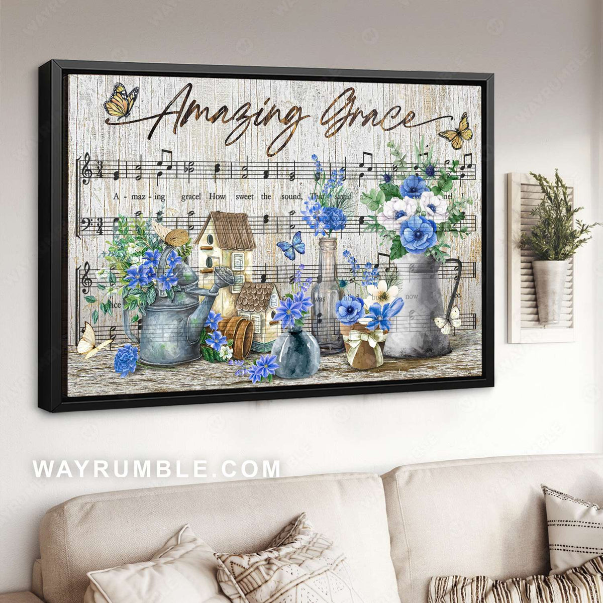 Sheet music, Blue petunias, Flower vase, Amazing grace - Jesus Landscape Canvas Prints, Christian Wall Art