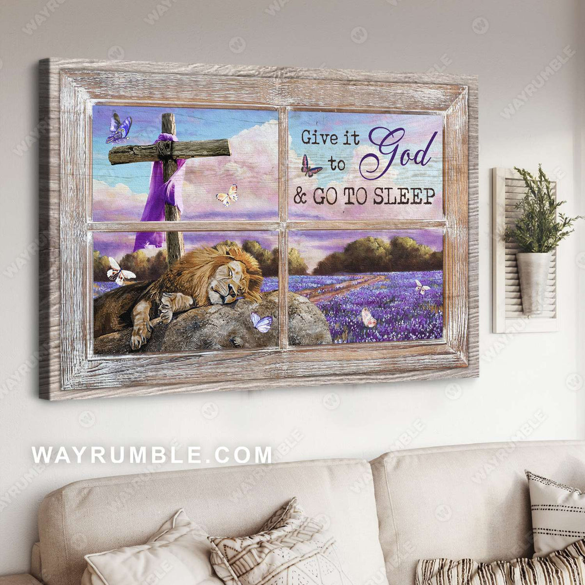 Lavender flower field, Lion of Judah, Meadow landscape, Give it to God and go to sleep - Jesus Landscape Canvas Prints, Christian Wall Art