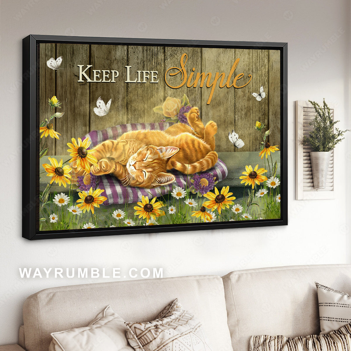 Orange tabby cat, Daisy garden, White butterfly, Keep life simple - Jesus Landscape Canvas Prints, Christian Wall Art