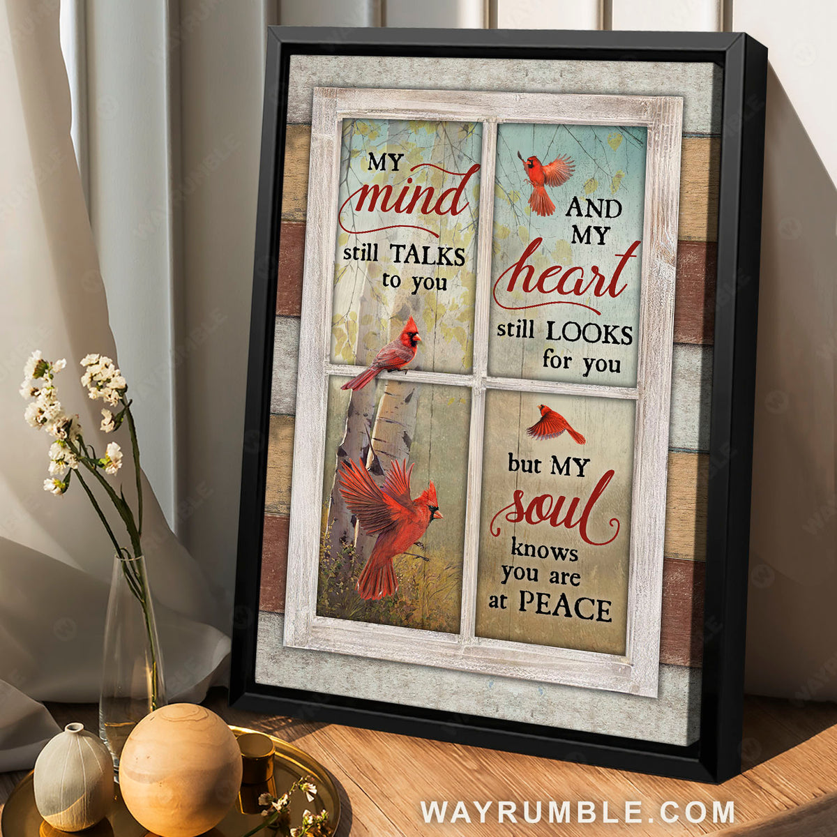Red cardinals, Autumn tree, My mind still talks to you - Heaven Portrait Canvas Prints, Wall Art