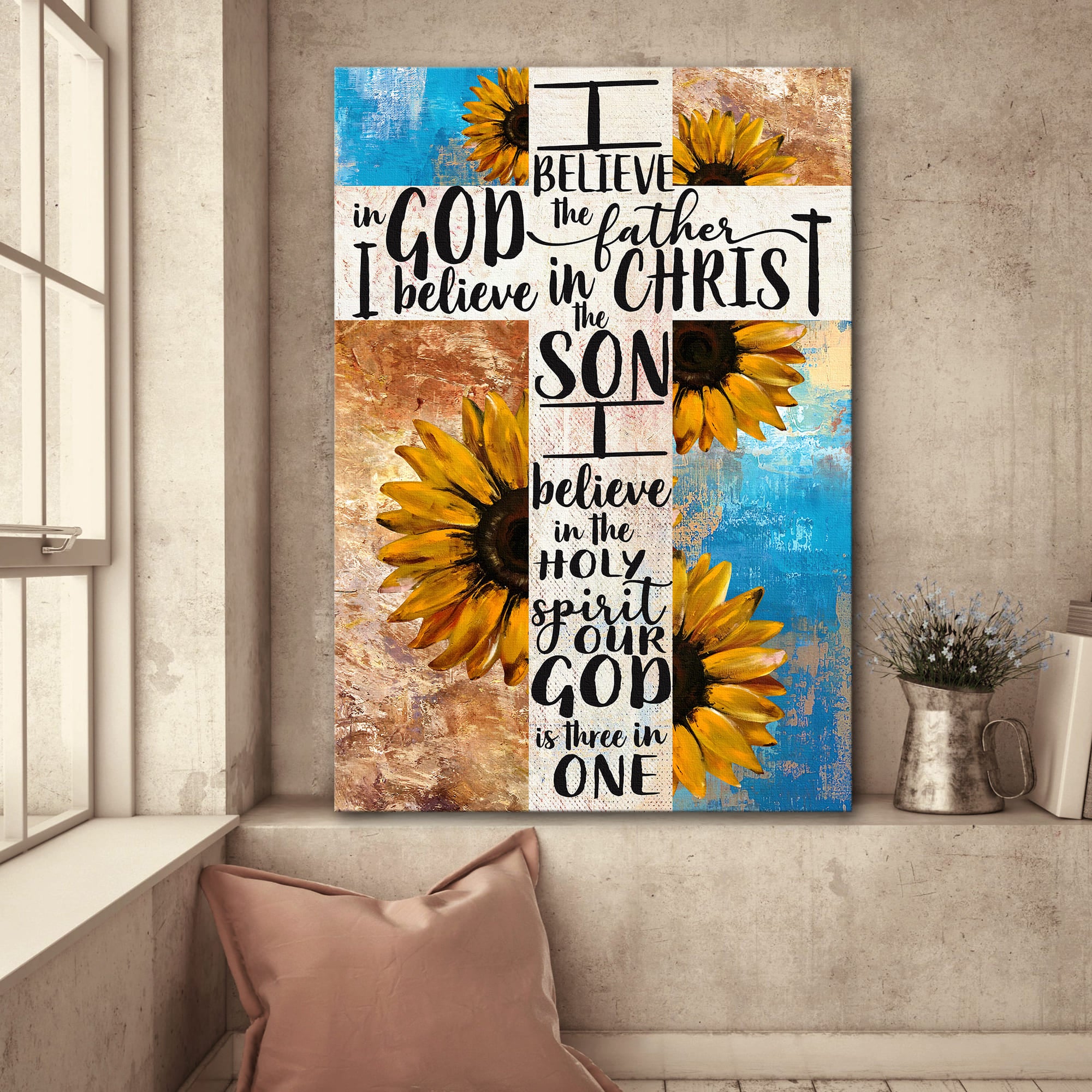 Unique sunflower painting, White cross, Our god is three in one - Jesus Portrait Canvas Prints, Wall Art