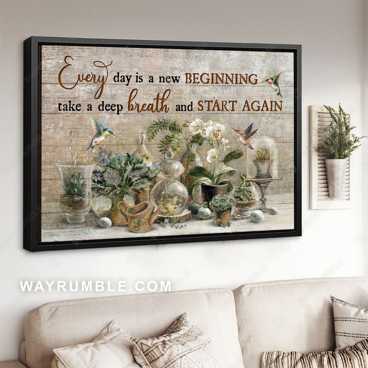 White orchids, Succulent plants, Glass cloche, Flying hummingbird, A new beginning - Jesus Landscape Canvas Prints, Christian Wall Art
