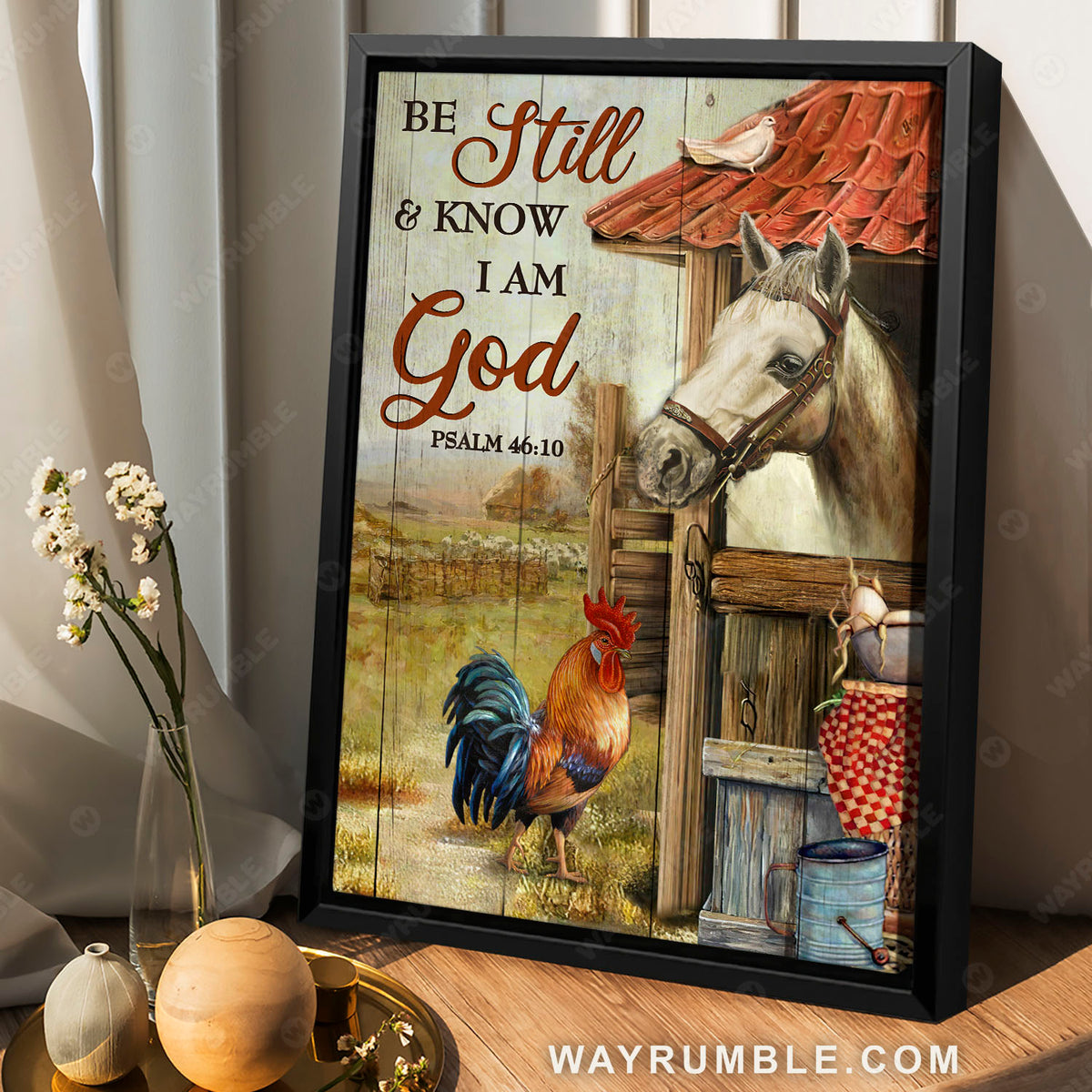 White horse, Rooster, Animal farm, Be still and know that I am God - Jesus Portrait Canvas Prints, Christian Wall Art