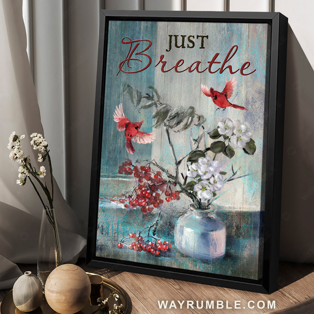 Red cardinals, Cranberry, White cherry blossoms, Just breathe - Jesus Portrait Canvas Prints, Christian Wall Art