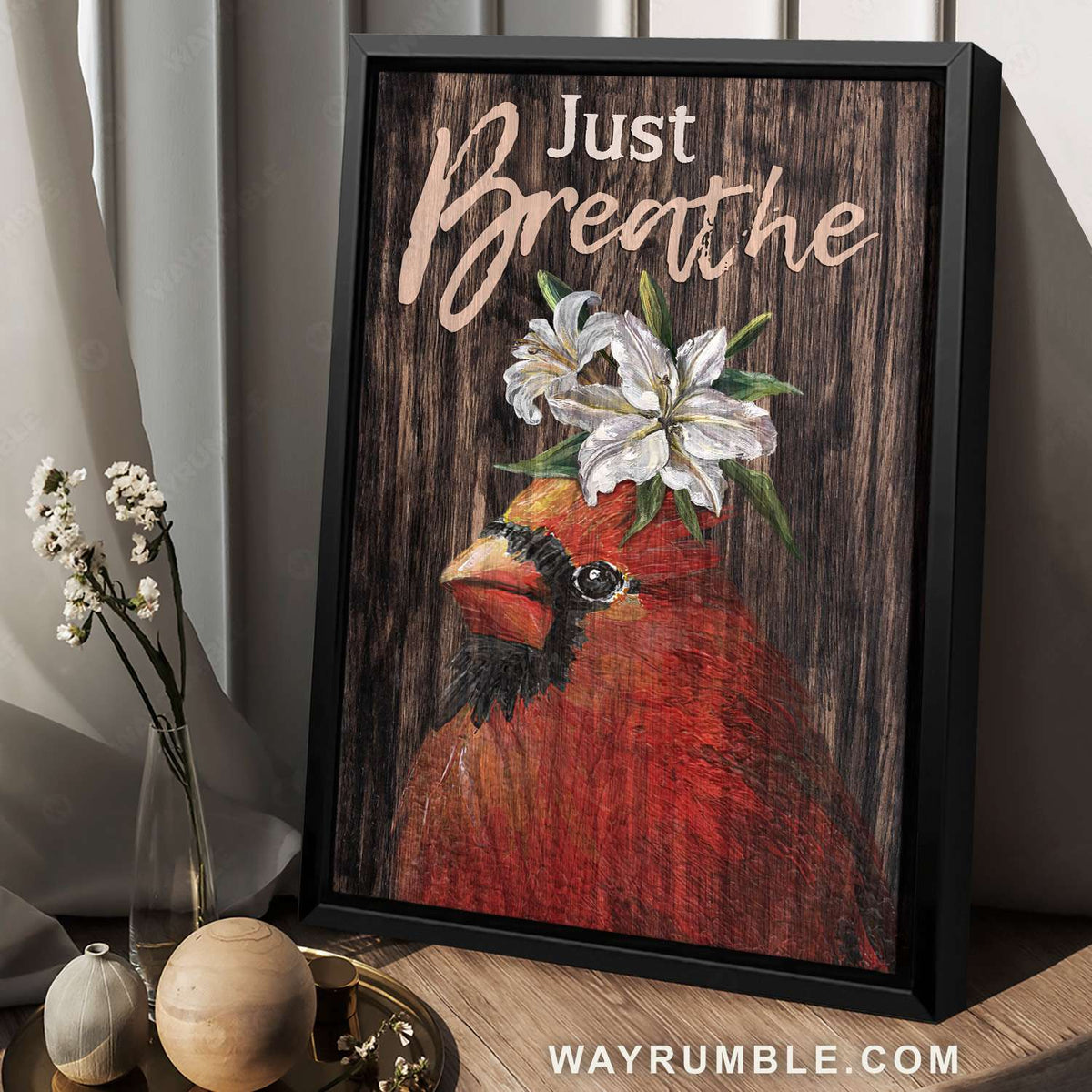 Red cardinal, Lily flower, Just breathe - Jesus Portrait Canvas Prints, Christian Wall Art