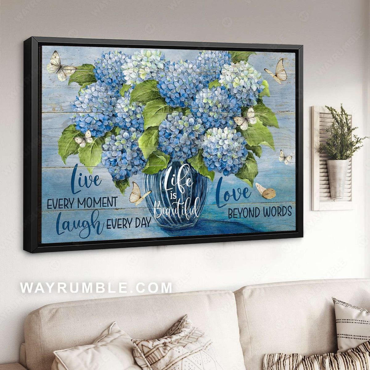 Blue hydrangea, Crystal vase, White butterfly, Life is beautiful - Jesus Landscape Canvas Prints, Christian Wall Art