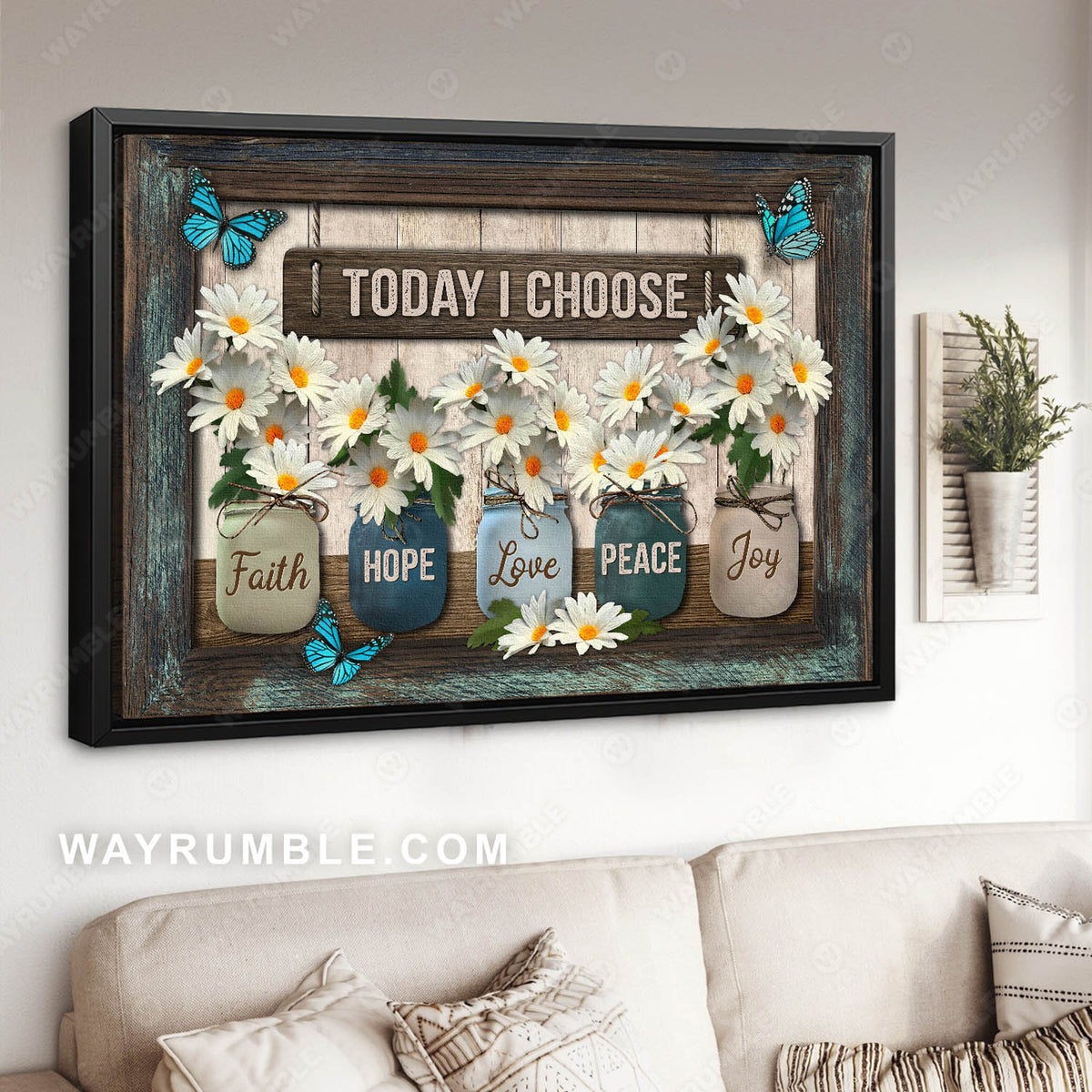 Daisy flower, Mason jar, Blue butterfly, Flower vase, Today I choose - Jesus Landscape Canvas Prints, Christian Wall Art