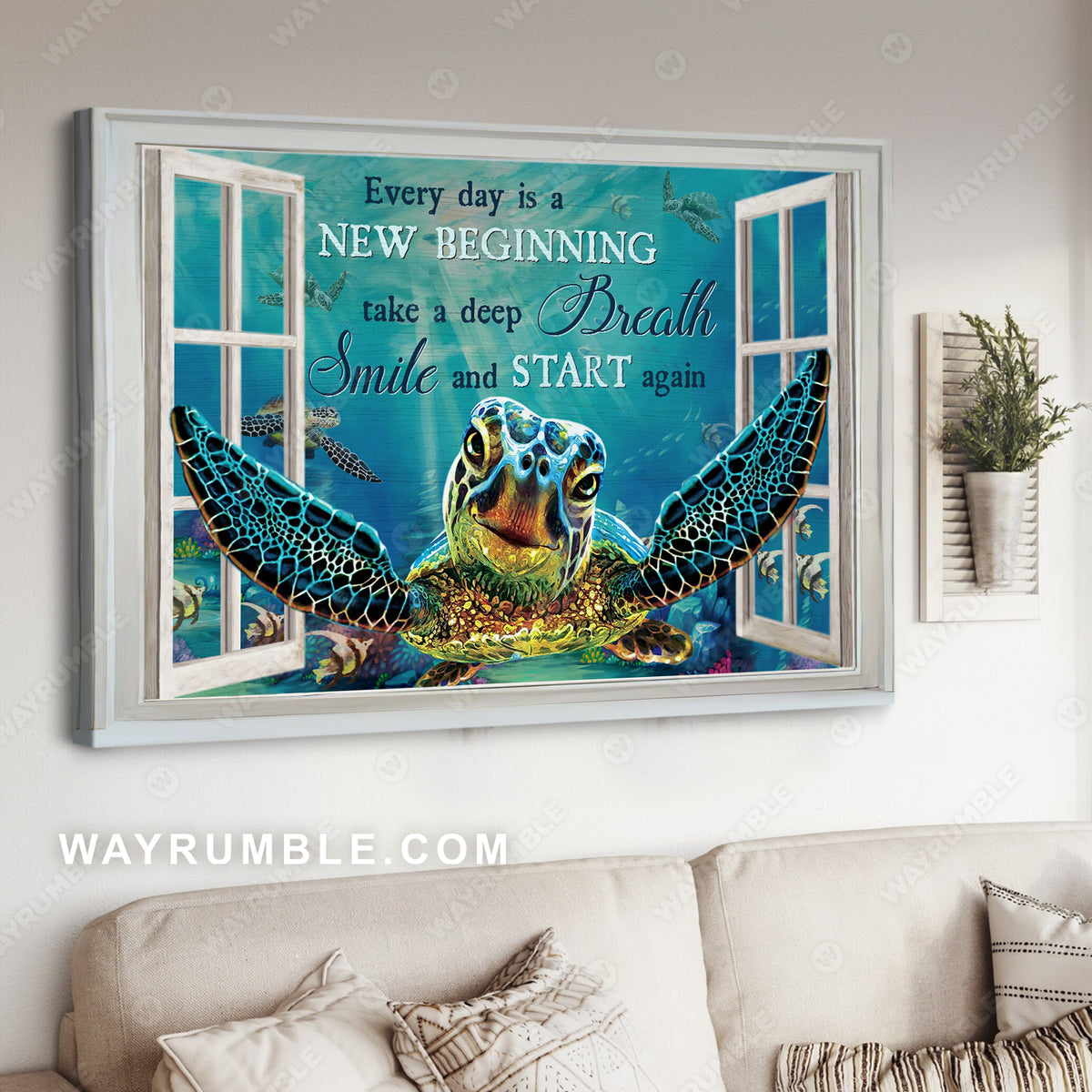 Blue turtle, Window frame, Ocean painting, Every day is a new beginning - Jesus Landscape Canvas Prints, Christian Wall Art