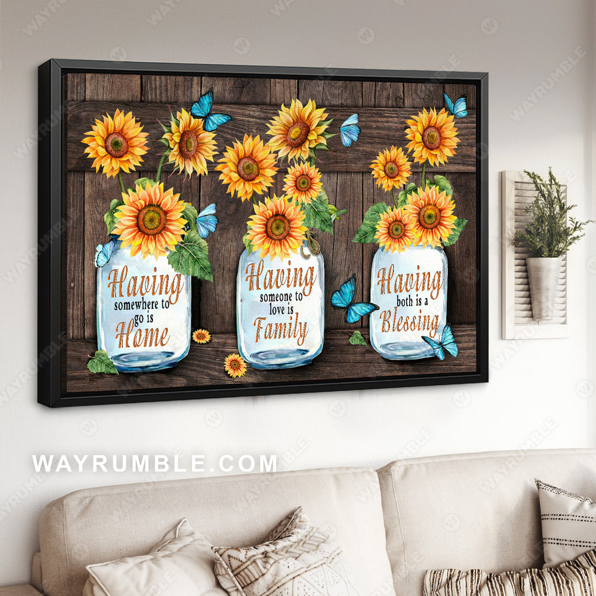 Sunflower painting, Mason jar, Blue butterfly, Having home and family is a blessing - Jesus Landscape Canvas Prints, Christian Wall Art