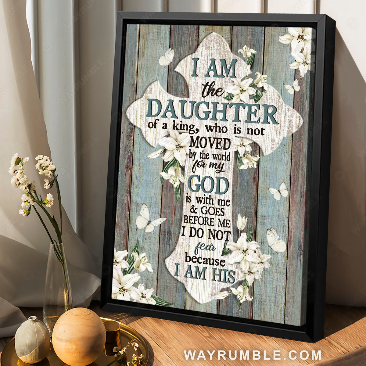 Jesus cross, White tulip, Wood planks, I am the daughter of a king - Jesus Portrait Canvas Prints, Christian Wall Art