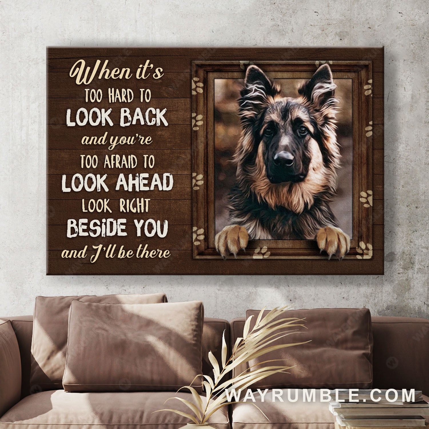 German Shepherd, Wooden background, Look right beside you and I'll be there - Jesus Landscape Canvas Prints, Christian Wall Art