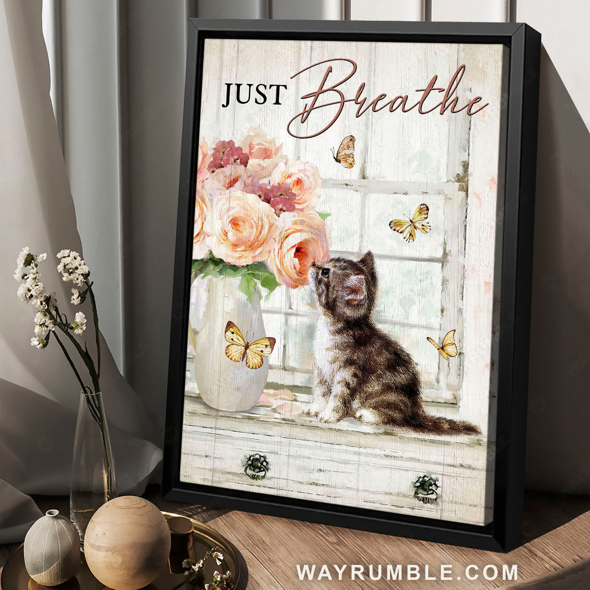 Cute kitten, Pink roses, Yellow butterfly, Just breathe - Jesus Portrait Canvas Prints, Christian Wall Art