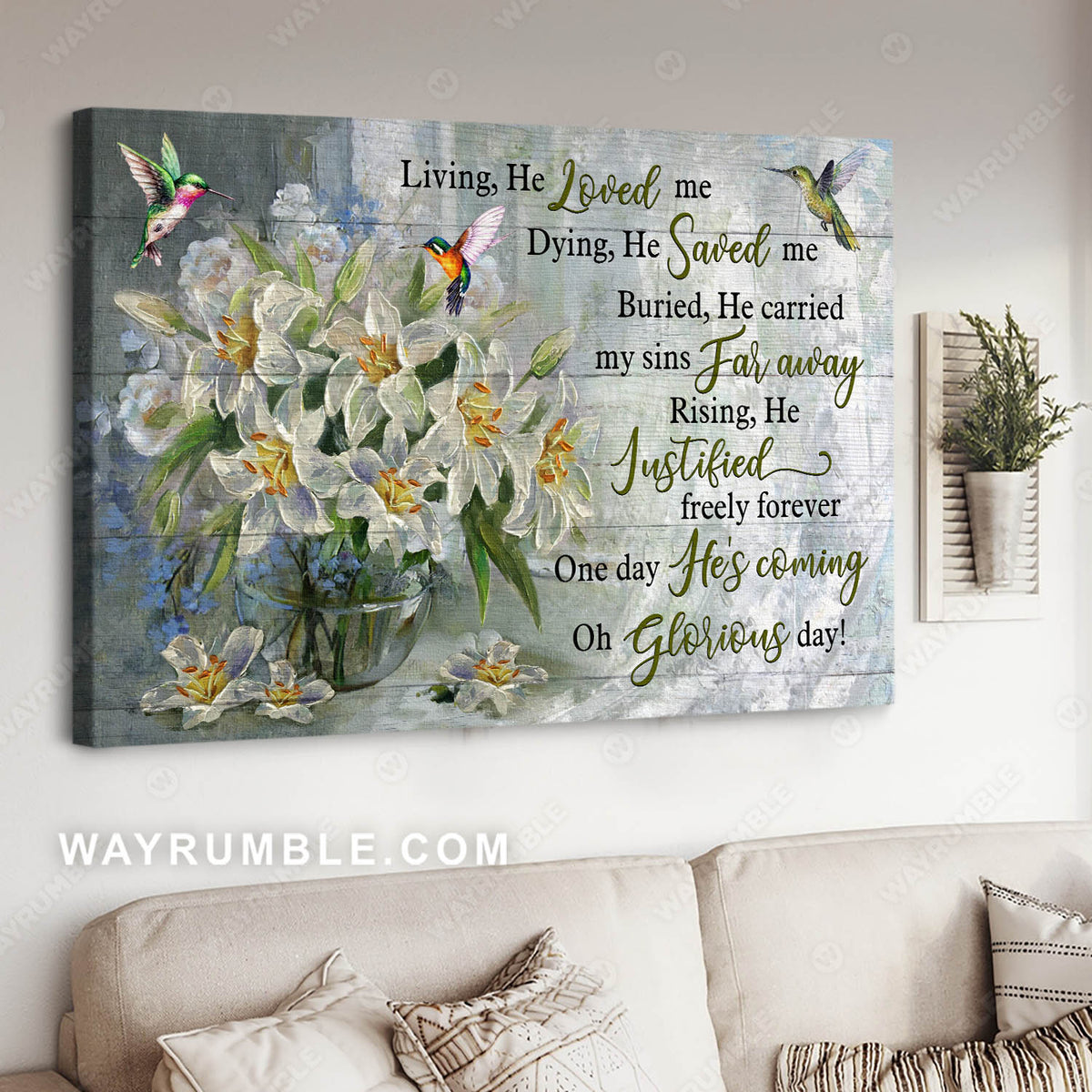 Lily flower vase, Still life painting, Hummingbird, Oh glorious day - Jesus Landscape Canvas Prints, Christian Wall Art
