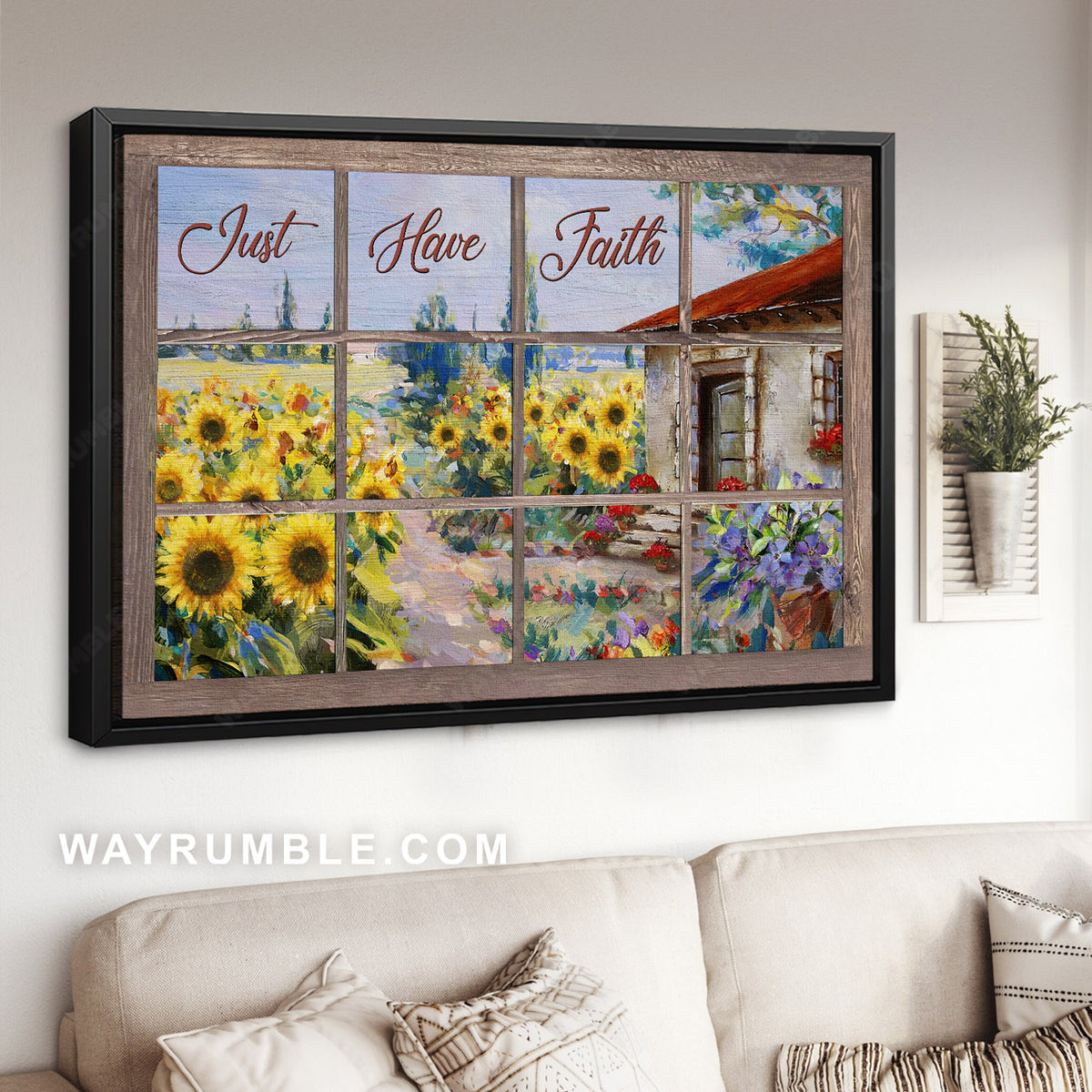 Sunflower garden, Purple flowers, Summer day, Just have faith - Jesus Landscape Canvas Prints, Christian Wall Art
