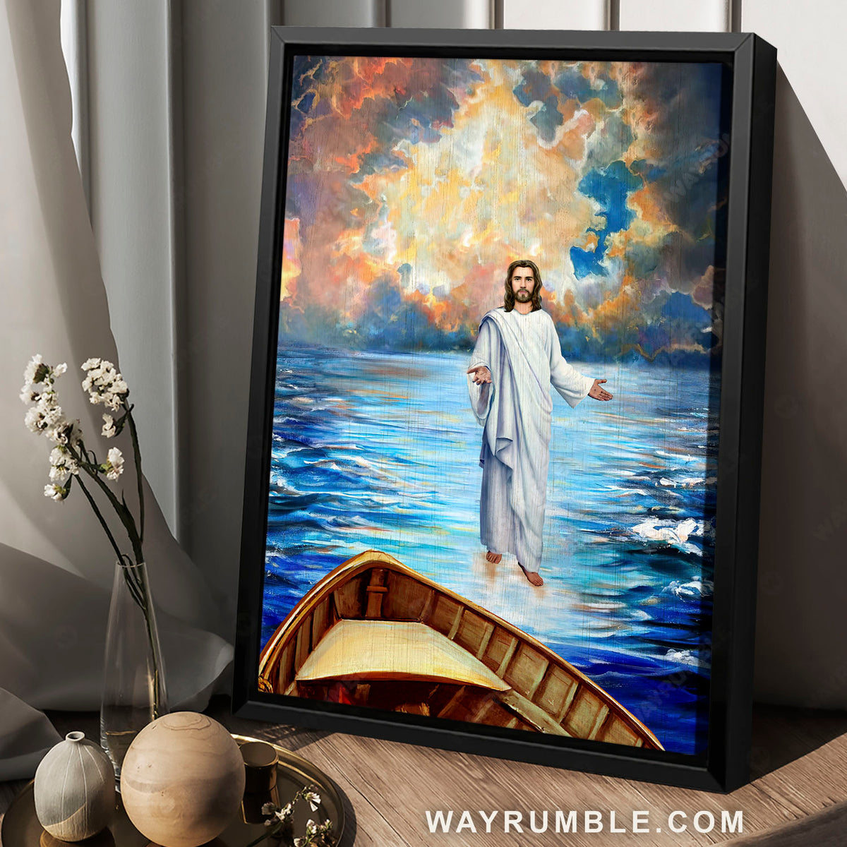 Jesus walks on water, God help us, Blue ocean, Sailing boat - Jesus Portrait Canvas Prints, Christian Wall Art