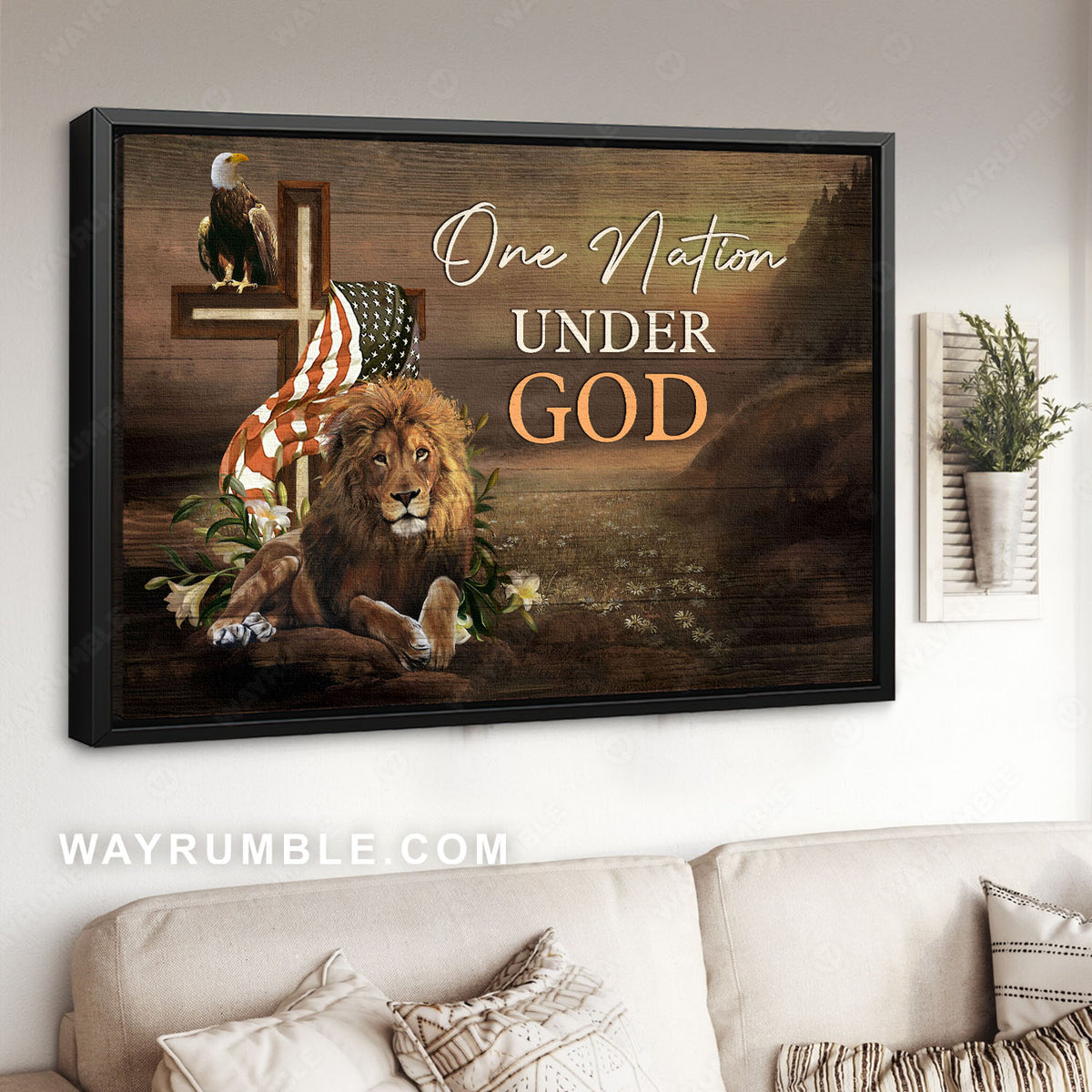 The Lion of Judah, Eagle, US flag, Cross symbol, One nation under God - Jesus Landscape Canvas Prints, Christian Wall Art