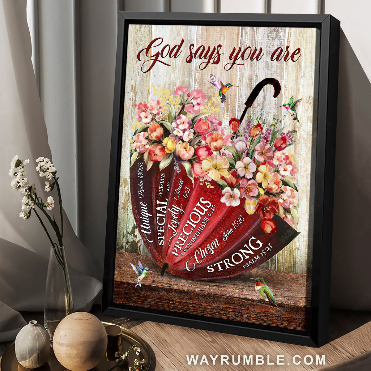 Colorful flowers, Red umbrella, God says you are unique - Jesus Portrait Canvas Prints, Christian Wall Art