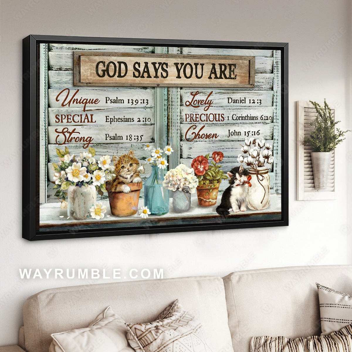 Kittens drawing, White camellia, Cotton flower, Hydrangea, God says you are unique - Jesus Landscape Canvas Prints, Christian Wall Art