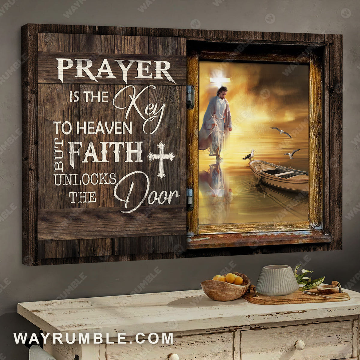 Jesus walks on water, The beautiful sunset, Cross light, Prayer is the key to heaven but faith unlocks the door - Jesus Landscape Canvas Prints, Wall Art