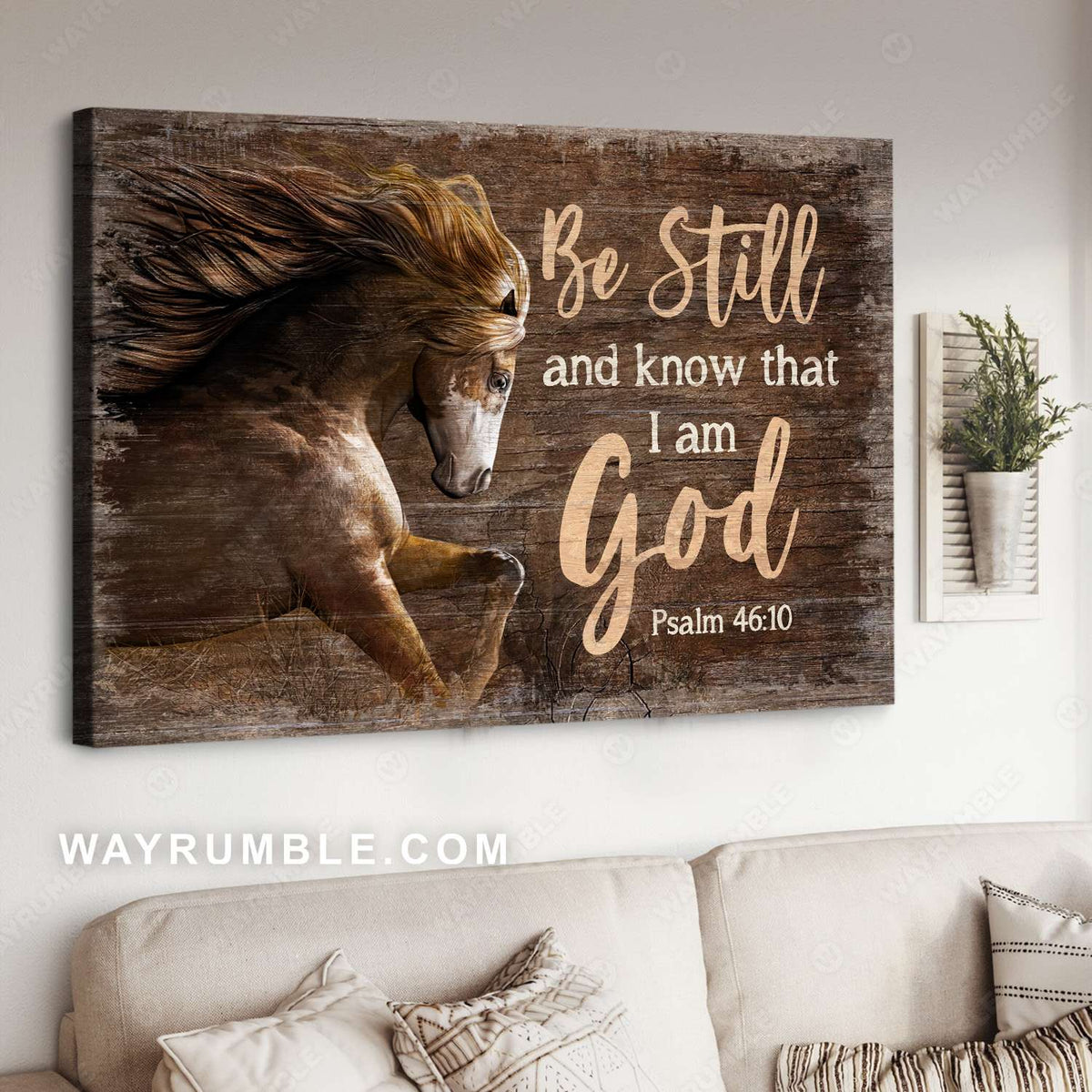 Running horse, Brown background, Be still and know that I am God - Jesus Landscape Canvas Prints, Christian Wall Art