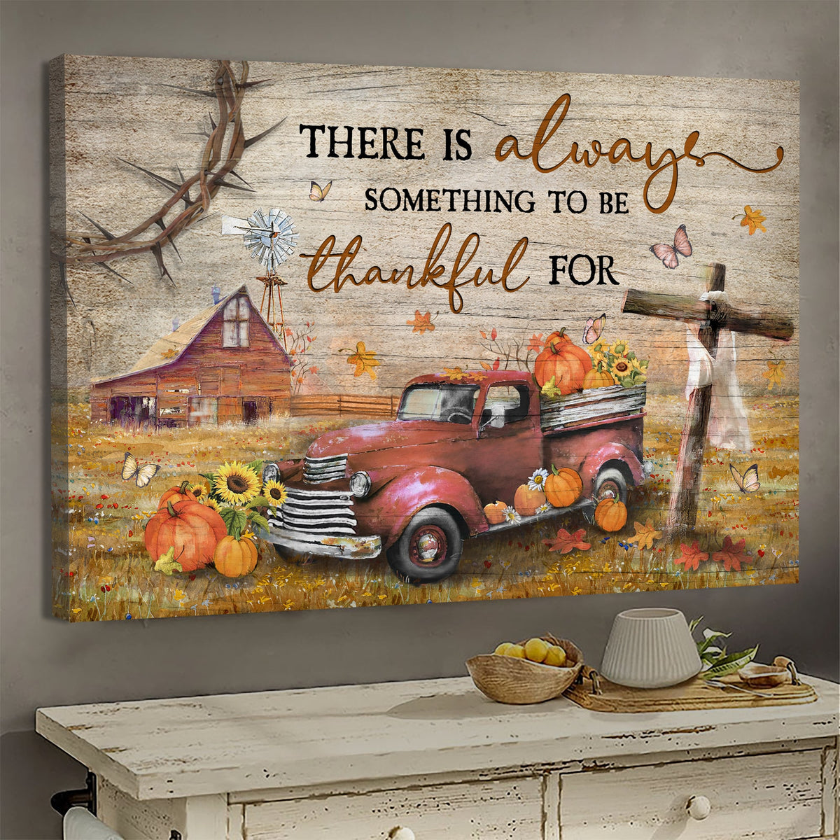 Pumpkin truck, Wooden Cross, Old farm painting, There is always something to be thankful for - Jesus Landscape Canvas Prints, Wall Art