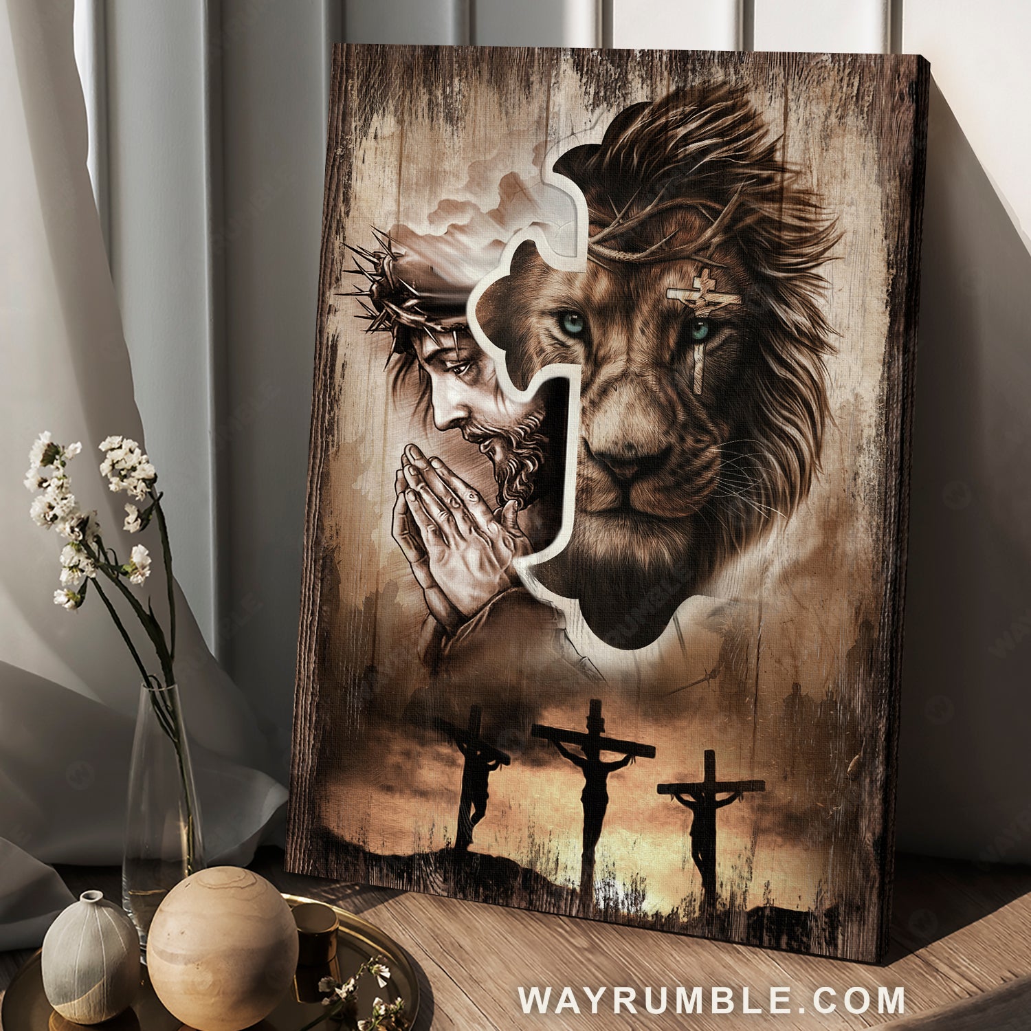 Lion of Judah, Jesus praying, Three wooden crosses, Sunset sky - Jesus Portrait Canvas Prints, Christian Wall Art