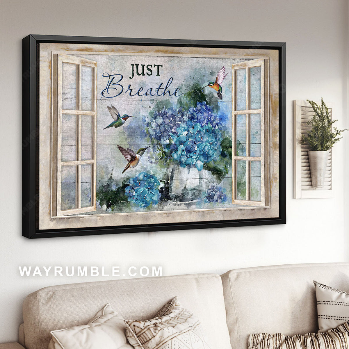 Blue hydrangea, Green hummingbird, Window frame, Just breathe - Jesus Landscape Canvas Prints, Christian Wall Art