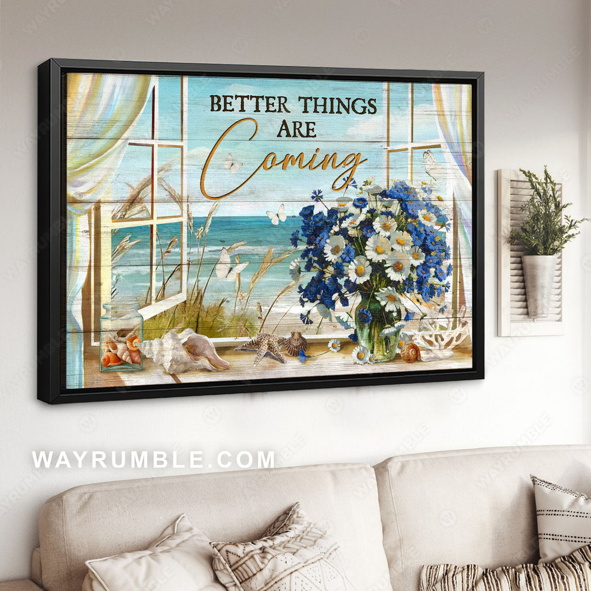 Blue daisy, White daisy, Seashell, Ocean view, Better things are coming - Jesus Landscape Canvas Prints, Christian Wall Art