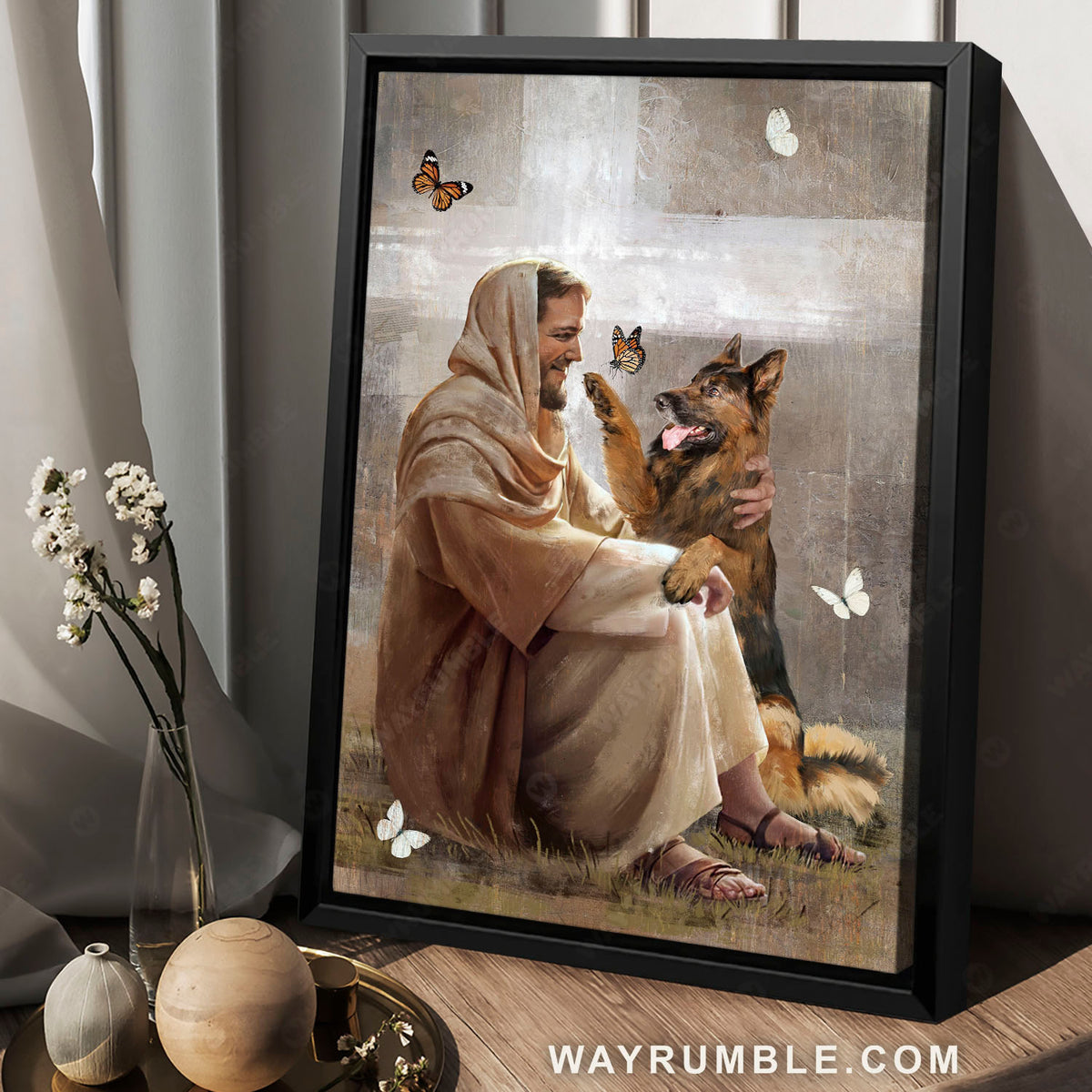 Jesus Christ, German Shepherd, Beautiful butterfly, Cross symbol - Jesus Portrait Canvas Prints, Christian Wall Art