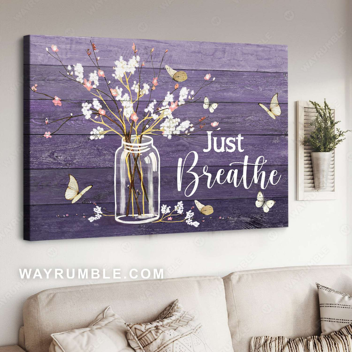Baby flower, Glass bottle, White butterfly, Purple background, Just breath - Jesus Landscape Canvas Prints, Christian Wall Art