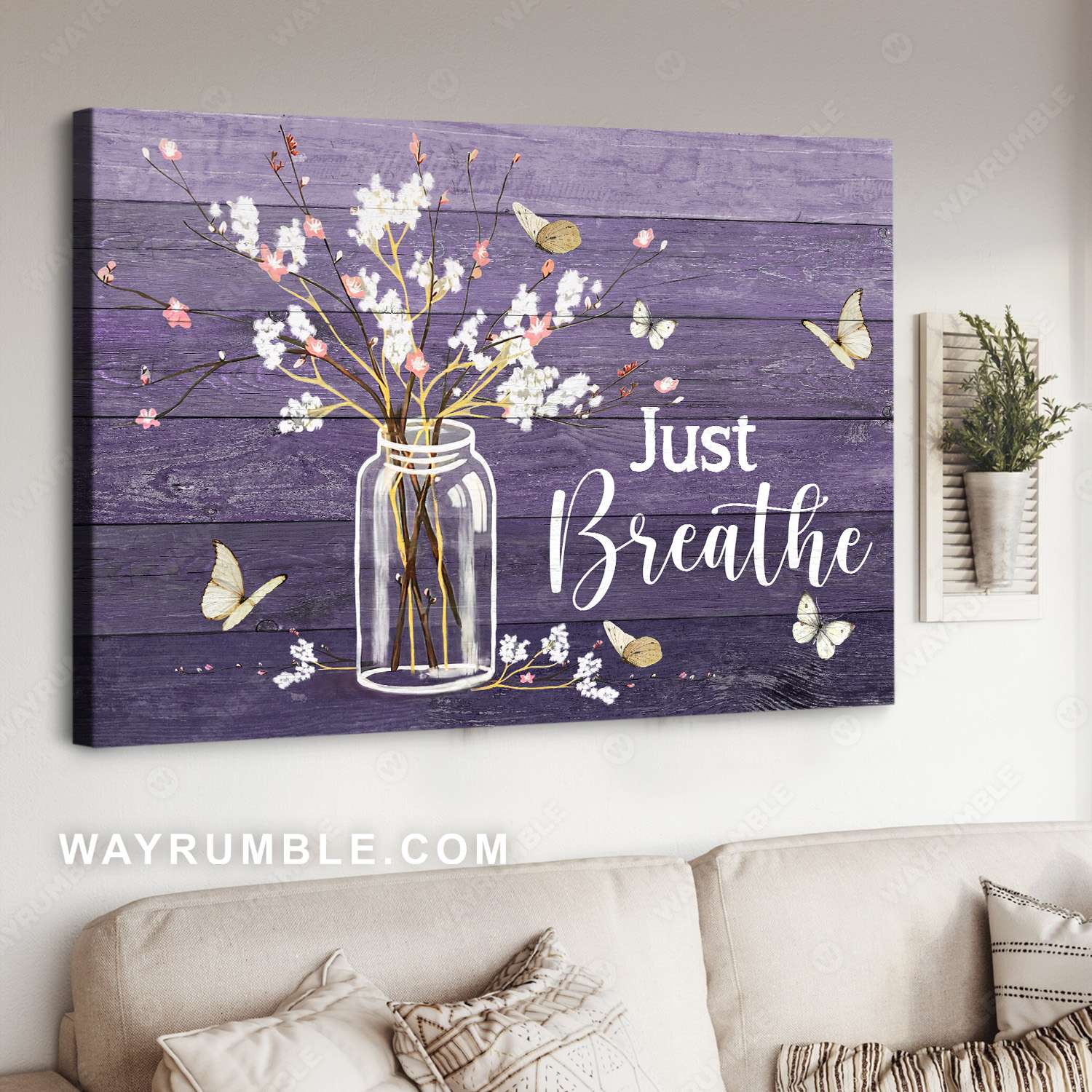 Baby flower, Glass bottle, White butterfly, Purple background, Just breath - Jesus Landscape Canvas Prints, Christian Wall Art