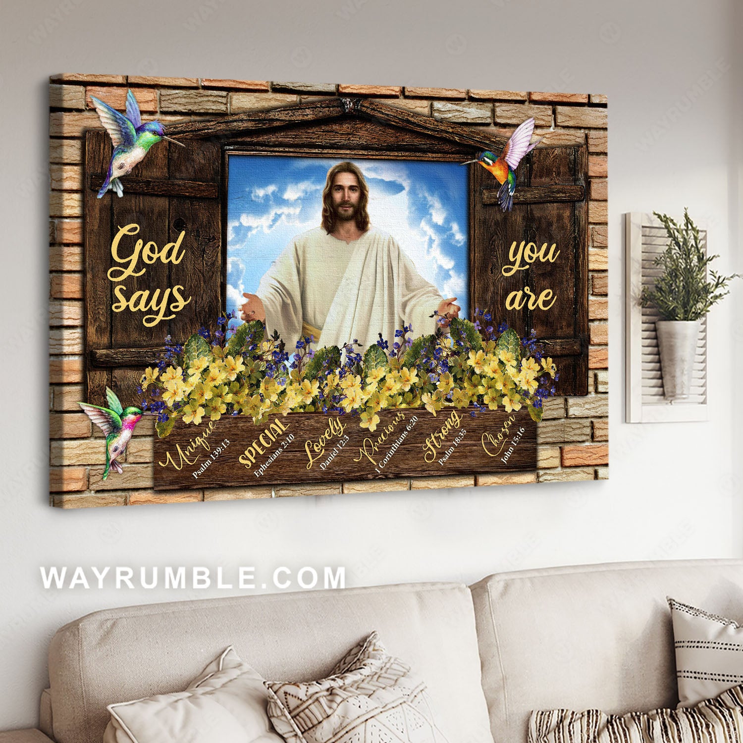 Jesus Christ, Hummingbird, Yellow flower, God says you are - Jesus Landscape Canvas Prints, Christian Wall Art